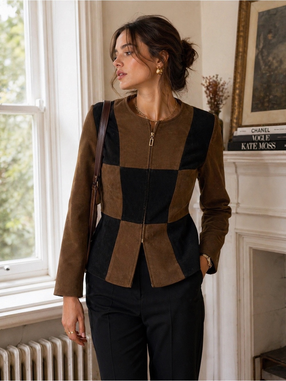 Jessica Howard Vintage Suede Patchwork Jacket Brown Black Size 10